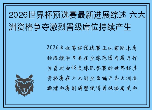 2026世界杯预选赛最新进展综述 六大洲资格争夺激烈晋级席位持续产生 2026世界杯预选赛最新进展综述 六大洲资格争夺激烈晋级席位持续产生