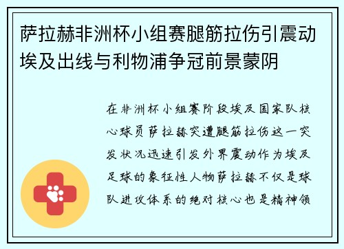 萨拉赫非洲杯小组赛腿筋拉伤引震动埃及出线与利物浦争冠前景蒙阴 萨拉赫非洲杯小组赛腿筋拉伤引震动埃及出线与利物浦争冠前景蒙阴